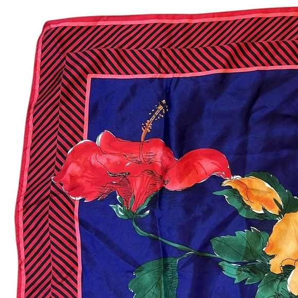 Vera 100% Silk Floral Scarf 30x30 Red/Navy/Yellow Hibiscus Tropical Print Bright - Picture 5 of 13